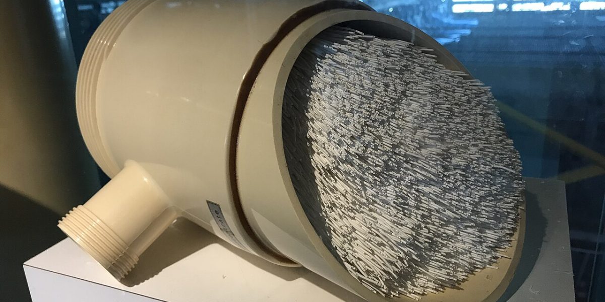 Close-up of hollow-fibre ultrafiltration membranes inside a water filter cartridge